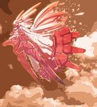  cloud commentary_request flying half-closed_eyes japanese_crested_ibis_(kemono_friends) kemono_friends mecha mecha_musume mechanical_wings multicolored_hair sky solo two-tone_hair virtualcity-ex white_hair wings 