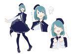 anger_vein beret blue_eyes blue_hair blush_stickers cape expressions frilled_skirt frills hat highres loafers multiple_views neck_ribbon original ribbon shoes short_hair simple_background sketch skirt smile sweatdrop sy-l-via thighhighs white_background 