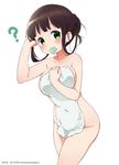  ? artist_name bangs blunt_bangs blush breasts brown_hair closed_mouth collarbone commentary_request condom condom_in_mouth covered_navel covering cowboy_shot dated gochuumon_wa_usagi_desu_ka? green_eyes groin hair_bun hand_in_hair highres holding holding_towel large_breasts looking_at_viewer mouth_hold neki_(wakiko) nude_cover number rubber_day short_hair sidelocks simple_background smile solo standing tied_hair towel twitter_username ujimatsu_chiya white_background white_towel 