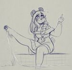  anthro bear blue_theme clothed clothing female fur hair higgyy mammal panda sitting sketch smile solo swimming_pool 