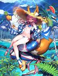  animal_ears bikini bikini_under_clothes blue_bikini blue_sky breasts canoe cloud cloudy_sky cup day drinking_glass ears_through_headwear fate/grand_order fate_(series) food fox_ears fox_tail fruit full_body hat innertube lime_(fruit) long_hair mandrill medium_breasts navel outdoors palm_tree pineapple pink_hair plant platform_footwear rock sand sandals see-through shirt side-tie_bikini sitting sky solo star straw_hat summer sun_hat sunlight swimsuit t-shirt tail tamamo_(fate)_(all) tamamo_no_mae_(fate) tamamo_no_mae_(swimsuit_lancer)_(fate) tree underboob water wet wet_clothes wet_shirt wet_t-shirt wrist_cuffs yellow_eyes 