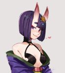  1girl bangs bare_shoulders blunt_bangs bob_cut breasts eyeliner fang fate/grand_order fate_(series) grey_background headpiece heart horns japanese_clothes kimono looking_at_viewer makeup off_shoulder oni oni_horns open_clothes open_kimono purple_eyes purple_hair purple_kimono revealing_clothes short_hair shuten_douji_(fate/grand_order) signature simple_background small_breasts smile solo upper_body zambiie 