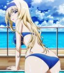  arm_support ass bikini blonde_hair blue_bikini blue_eyes blue_hairband blue_sky blush bow breasts cecilia_alcott cloud cloudy_sky day eyebrows_visible_through_hair from_behind hair_bow hairband headdress highres infinite_stratos large_breasts lolita_hairband long_hair looking_at_viewer looking_back non-web_source ocean open_mouth pool screencap shoulder_blades sky solo swimsuit wet 