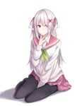  keid long_hair looking_at_viewer original pantyhose red_eyes simple_background sitting solo white_hair yokozuwari 