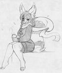  anthro clothed clothing cup female higgyy mammal monochrome open_mouth red_panda sitting sketch smile solo 