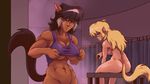  2017 abs anthro big_breasts breasts butt callie_briggs can cat cleavage clothed clothing duo felina_feral feline female mammal navel nude plagueofgripes swat_kats under_boob undressing 