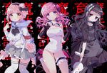  black_hair chocho_(homelessfox) copyright_name fingerless_gloves flower gloves goggles goggles_around_neck hardgore_alice headphones mahou_shoujo_ikusei_keikaku mahou_shoujo_ikusei_keikaku_unmarked multiple_girls petals pink_eyes pink_hair snow_white_(mahoiku) stuffed_animal stuffed_bunny stuffed_toy swim_swim swimsuit water_drop yellow_eyes 