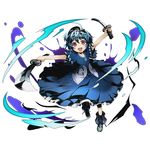  black_bullet black_ribbon blue_dress blue_hair divine_gate dress dual_wielding full_body hiruko_kohina holding holding_sword holding_weapon looking_at_viewer official_art open_mouth red_eyes ribbon short_hair solo sword transparent_background ucmm weapon 