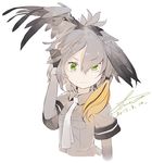  :| alternate_eye_color black_gloves bodystocking breast_pocket closed_mouth collared_shirt dated eyebrows eyebrows_visible_through_hair eyelashes feathered_wings feathers fingerless_gloves gloves green_eyes grey_hair grey_shirt hair_between_eyes hair_ornament hand_in_hair hand_up head_wings kemono_friends long_hair looking_at_viewer low_ponytail multicolored_hair necktie orange_hair pocket sanpaku shihou_(g-o-s) shirt shoebill_(kemono_friends) short_sleeves side_ponytail signature simple_background solo spread_wings tsurime two-tone_hair v-shaped_eyebrows white_background white_neckwear wings 