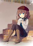  beret blue_eyes blue_skirt blush boots brick brown_footwear brown_hair eating eyebrows_visible_through_hair food hat holding holding_food knee_boots looking_at_viewer open_mouth original pantyhose sitting skirt solo stairs sutorora 