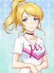  ayase_eli black_choker blonde_hair blue_eyes breasts choker hands_on_own_stomach happy_maker! high_ponytail highres looking_at_viewer love_live! love_live!_school_idol_project medium_breasts miura-n315 ponytail smile upper_body 