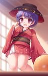  :d ass_visible_through_thighs bare_legs blush bowl bowl_hat breasts commentary_request feet_out_of_frame finger_to_cheek hat highres japanese_clothes kimono knees_together_feet_apart long_sleeves lzh minigirl miracle_mallet obi open_mouth purple_eyes purple_hair sash scratching_cheek short_kimono small_breasts smile sukuna_shinmyoumaru thigh_gap thighs touhou wide_sleeves 