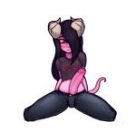  alpha_channel big_penis black_hair blush clothed clothing demon dickgirl erection hair hair_over_eye horn huge_penis humanoid_penis intersex long_hair midriff not_furry pants penis pink_skin plebbles red_eyes shirt simple_background sitting solo tight_clothing transparent_background uncut young 