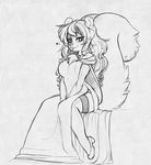  anthro clothed clothing female higgyy looking_at_viewer mammal monochrome rodent sitting sketch smile solo squirrel 