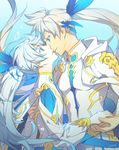  alternate_costume alternate_hairstyle blue_eyes cowboy_shot eye_contact grey_hair highres holding_hands imminent_kiss kamui_(tales_of_zestiria) long_hair looking_at_another looking_up male_focus mikleo_(tales) multiple_boys parted_lips smile sorey_(tales) tales_of_(series) tales_of_zestiria yaoi zehel_az 