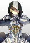  arthur_pendragon_(fate) blonde_hair excalibur_(fate/prototype) fate/prototype fate_(series) glowing highres hood looking_at_viewer male_focus nikame solo sword weapon 