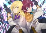  alternate_costume asbel_lhant back-to-back black_gloves blonde_hair blue_eyes capelet epaulettes flower from_above gloves glowstick hair_between_eyes heterochromia idol idolmaster idolmaster_side-m leg_up lips long_hair looking_at_viewer male_focus microphone multiple_boys parted_lips purple_eyes richard_(tales) rose sachico66 smile super_live_fes tales_of_(series) tales_of_asteria tales_of_graces 