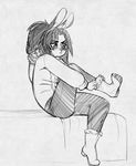 anthro blush boots clothed clothing female footwear higgyy lagomorph mammal monochrome rabbit sitting sketch solo 