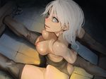  black_gloves black_legwear breasts chain commentary_request elbow_gloves gloves looking_at_viewer medium_breasts nipples original parted_lips perky_breasts shindou_l short_hair solo stocks thighhighs white_hair 