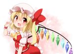  ascot asymmetrical_hair blonde_hair blush bow commentary_request crystal fang flandre_scarlet frilled_skirt frills hat hat_bow heart mob_cap open_mouth puffy_short_sleeves puffy_sleeves rainbow_order red_bow red_eyes short_sleeves side_ponytail skirt skirt_set smile solo suwa_yasai touhou v wings wrist_cuffs 