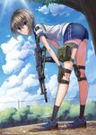  ashiya_saki assault_rifle blue_eyes brown_hair commentary_request dreadtie gloves gun gym_uniform highres holster knee_pads looking_at_viewer original rifle safety_glasses short_hair solo thigh_holster weapon 