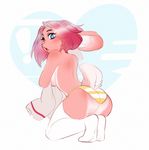  ! anthro blush breasts butt clothing female higgyy kneeling lagomorph legwear looking_at_viewer mammal open_mouth rabbit socks solo towel 