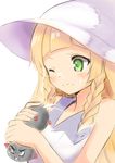  ;( angry bare_shoulders blonde_hair blunt_bangs blush dress green_eyes highres holding lillie_(pokemon) long_hair one_eye_closed pokemon pokemon_(game) pokemon_sm pyukumuku sexually_suggestive simple_background squeezing squirting sun_hat twin_braids upper_body white_background 
