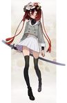  absurdres black_hair boots fox_mask full_body half-closed_eyes highres holding holding_sword holding_weapon katana long_hair mask navel original pleated_skirt red_hair school_uniform serafuku sheath sheathed skirt solo sword thighhighs weapon yellow_eyes yuu_(higashi_no_penguin) 