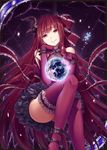  absurdly_long_hair akkijin black_dress broken broken_glass darkness demon_horns dress earth glass horns jigsaw_puzzle legs long_hair looking_at_viewer official_art puzzle puzzle_piece red_dress red_eyes red_hair red_legwear shinkai_no_valkyrie sitting solo thighhighs thighs very_long_hair 