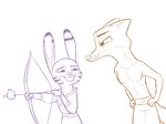  2017 anthro arrow bow_(weapon) canine clothed clothing disney duo fox hands_on_hips jack_savage lagomorph male mammal nick_wilde rabbit ranged_weapon restricted_palette simple_background tggeko topless weapon white_background zootopia 