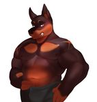  anthro canine clothed clothing doberman dog fangs higgyy looking_at_viewer male mammal musclegut muscular nipples petitecat solo topless 