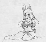  anthro bra breasts clothed clothing female higgyy kneeling lagomorph lingerie looking_at_viewer mammal rabbit smile solo underwear 