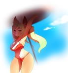  anthro bikini breasts clothing feline female higgyy looking_at_viewer mammal outside solo standing sun_umbrella swimsuit 