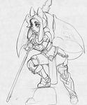  anthro blush canine clothed clothing female higgyy mammal melee_weapon monochrome open_mouth polearm sketch solo spear standing weapon 