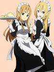  apron blonde_hair blue_eyes cup highres k-on! kicchi_(tmgk) kotobuki_tsumugi long_hair maid maid_apron maid_headdress multiple_girls orange_background saitou_sumire simple_background smile teapot thick_eyebrows tray v 