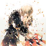  1girl blonde_hair bow brother_and_sister closed_eyes coat confetti dress edna_(tales) eizen_(tales) gloves gotou_(pixiv37128) gradient gradient_background hug ribbon siblings side_ponytail tales_of_(series) tales_of_berseria tales_of_zestiria tearing_up 
