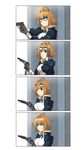  4koma absurdres anger_vein angry aviator_sunglasses blush brown_hair comic eyewear_on_head fur_trim girls_frontline gloves grizzly_mkv grizzly_mkv_(girls_frontline) gun handgun highres jacket messy_hair purple_eyes sunglasses trembling weapon xiujia_yihuizi 