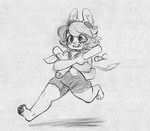  anthro clothed clothing female higgyy lagomorph mammal monochrome open_mouth rabbit running sketch solo 