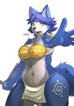  2017 anthro bare_shoulders black_nose blue_eyes blue_fur blue_hair bra canine claws clothing english_text female fox fur hair hair_ornament jewelry krystal loincloth mammal markings navel nintendo ocaritna short_hair signature simple_background slightly_chubby solo staff star_fox text tribal underwear video_games weapon white_background white_fur 
