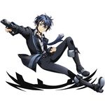  belt black_bullet black_footwear black_pants blue_hair boots brown_eyes clenched_hand divine_gate dress_shirt full_body gun handgun holding holding_gun holding_weapon hs2000 knee_boots looking_at_viewer male_focus necktie official_art pants satomi_rentarou shirt smile solo transparent_background ucmm uniform weapon white_shirt 