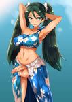  1girl aqua_eyes armpits arms_behind_head arms_up bare_shoulders bikini_top blue_eyes blush breasts clavicle curvaceous dark_skin erect_nipples erect_nipples_under_clothes erection floral_print full-package_futanari futanari green_hair hair hair_between_eyes hair_ornament hair_ribbon intersex isuzu_(kantai_collection) kantai_collection large_breasts long_hair looking_at_viewer midriff navel newhalf nipples open_mouth penis precum ribbon simple_background smile solo standing sweat tanned testicles tied_hair tight_clothes twintails ubanis veins veiny_penis wide_hips 
