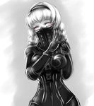 blush breasts closed_eyes commentary covered_face eyelashes gloves greyscale hands_together happy karasuko large_breasts monochrome nier_(series) nier_automata operator_6o pale_skin simple_background solo 