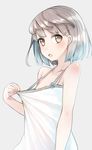  arms_at_sides bangs blush breasts brown_eyes comah dress dress_pull from_side grey_background hair_ornament hairclip hand_up looking_at_viewer muted_color open_mouth original short_hair silver_hair simple_background small_breasts solo sundress swept_bangs upper_body 