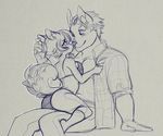 anthro blue_theme blush bra canine clothed clothing duo female higgyy hug larger_male male male/female mammal open_shirt sitting size_difference sketch smile underwear 