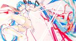  :/ :p abstract absurdly_long_hair arm_behind_back armlet armpits bad_id bad_pixiv_id bangs bare_shoulders blue_hair blurry breasts closed_mouth colorful commentary_request depth_of_field from_below groin hair_between_eyes hair_ornament hatsune_miku highres leotard long_hair orange_eyes parted_bangs pink_background reoen simple_background sleeveless small_breasts solo text_focus thighhighs thighs tongue tongue_out twintails twintails_day v v-shaped_eyebrows very_long_hair vocaloid wind wind_lift 