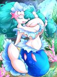  2017 armpits big_breasts breasts bubble cleavage clothed clothing cyan_hair female hair leonkatlovre long_hair marine navel nintendo open_mouth pink_nose pok&eacute;mon pok&eacute;morph primarina singing smile solo starfish under_boob underwater video_games water wide_hips 