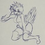  anthro avian bird blue_theme blush clothed clothing female higgyy kneeling open_mouth sketch smile solo 
