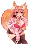  :d adjusting_hair animal_ear_fluff animal_ears bikini_top black_legwear black_shorts blush bow bow_bikini breasts brown_eyes cleavage cowboy_shot eyebrows_visible_through_hair fate/extra fate_(series) fox_ears fox_tail hair_between_eyes hair_ornament hair_scrunchie jacket large_breasts large_tail leaning_forward long_hair long_sleeves looking_at_viewer low_twintails open_clothes open_jacket open_mouth osiimi partially_unzipped pink_bikini_top pink_hair pocket scrunchie shorts simple_background smile solo standing striped_jacket tail tamamo_(fate)_(all) tamamo_no_mae_(fate) thighhighs twintails white_background white_bow zipper 