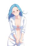  adjusting_clothes blue_hair bra breasts c-eye cleavage collarbone green_eyes long_hair medium_breasts midriff original pants solo standing underwear white_background white_pants 