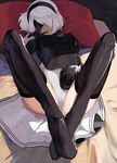  bed black_footwear black_legwear blindfold boots finger_to_mouth highres juz legs_up leotard leotard_under_clothes lying mole mole_under_mouth nier_(series) nier_automata on_back pillow silver_hair solo spread_legs thigh_boots thighhighs yorha_no._2_type_b 